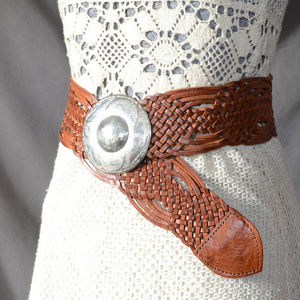 Handmade Moroccan Woven Leather Belt XL Cognac Brn